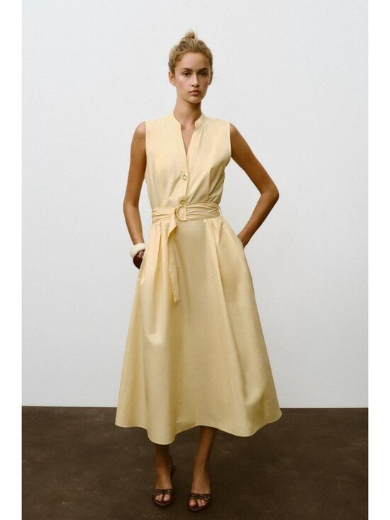 Zara Dresses & Skirts - Zara Womens Poplin Belted Midi Dress M Medium Butter Flared Hem 5029/128 NWT